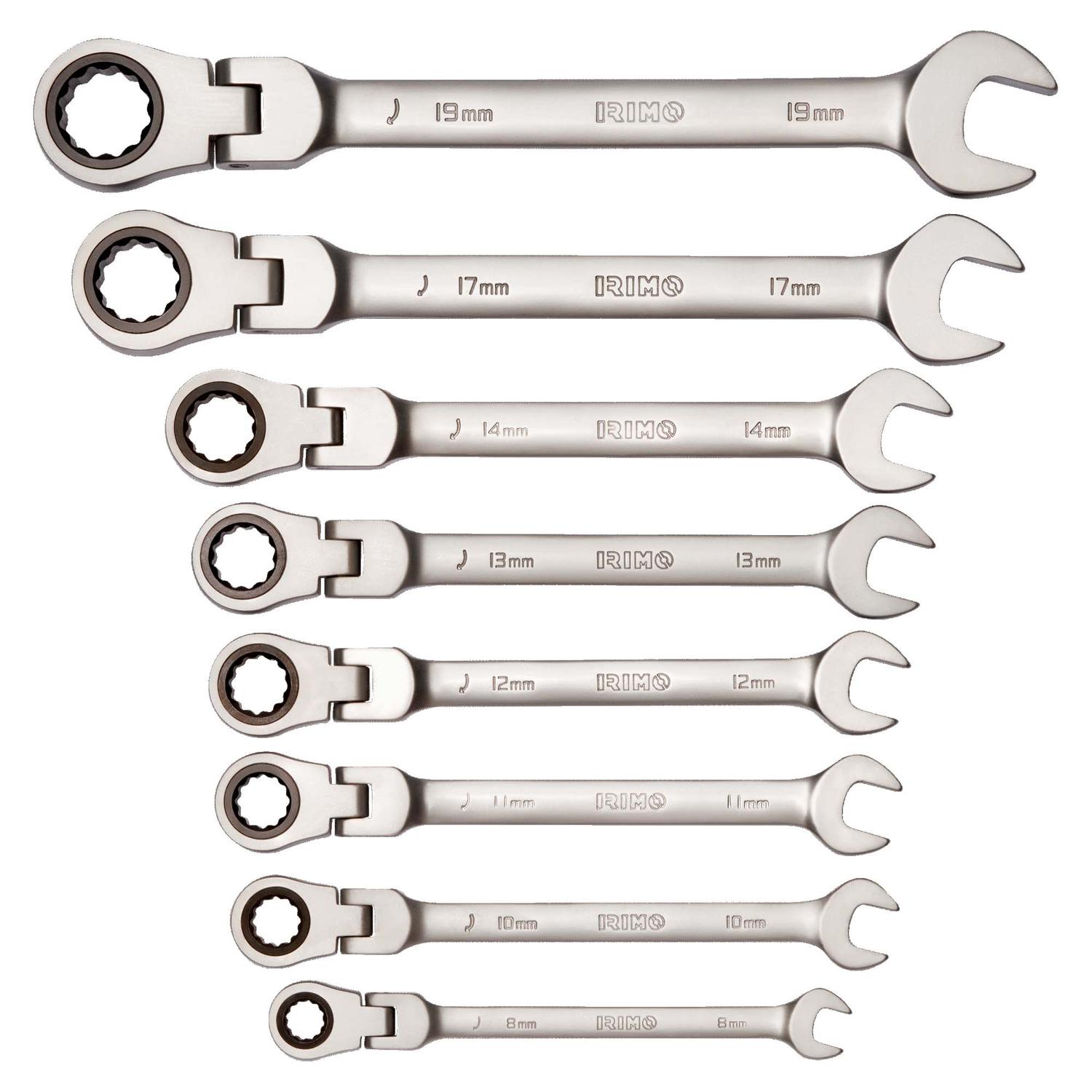 Juego de 8 llaves combinadas de cabeza flexible con carraca - Irimo - Herram.cl