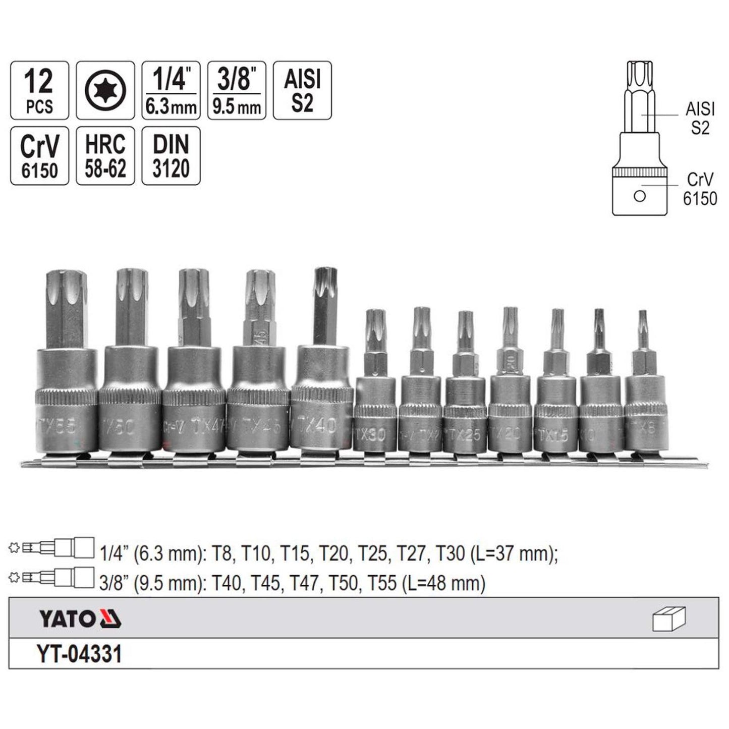 Juego Dados Con Punta Torx 1/4'' Y 3/8'' 12 Pzas - Yato - Herram.cl