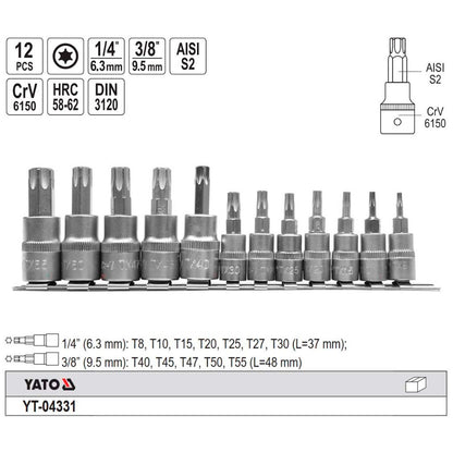 Juego Dados Con Punta Torx 1/4'' Y 3/8'' 12 Pzas - Yato - Herram.cl