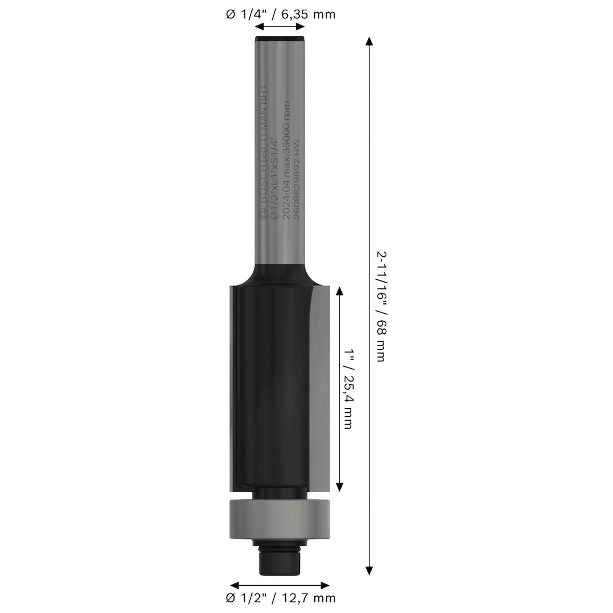 Fresa Enrasadora PRO Bosch 1/2'' x 1'' Vástago 1/4'' - Herram.cl