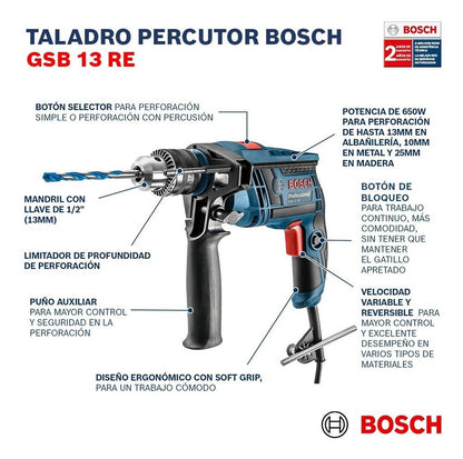 Taladro Percutor Bosch Professional Gsb 13 Re 650W - Herram.cl