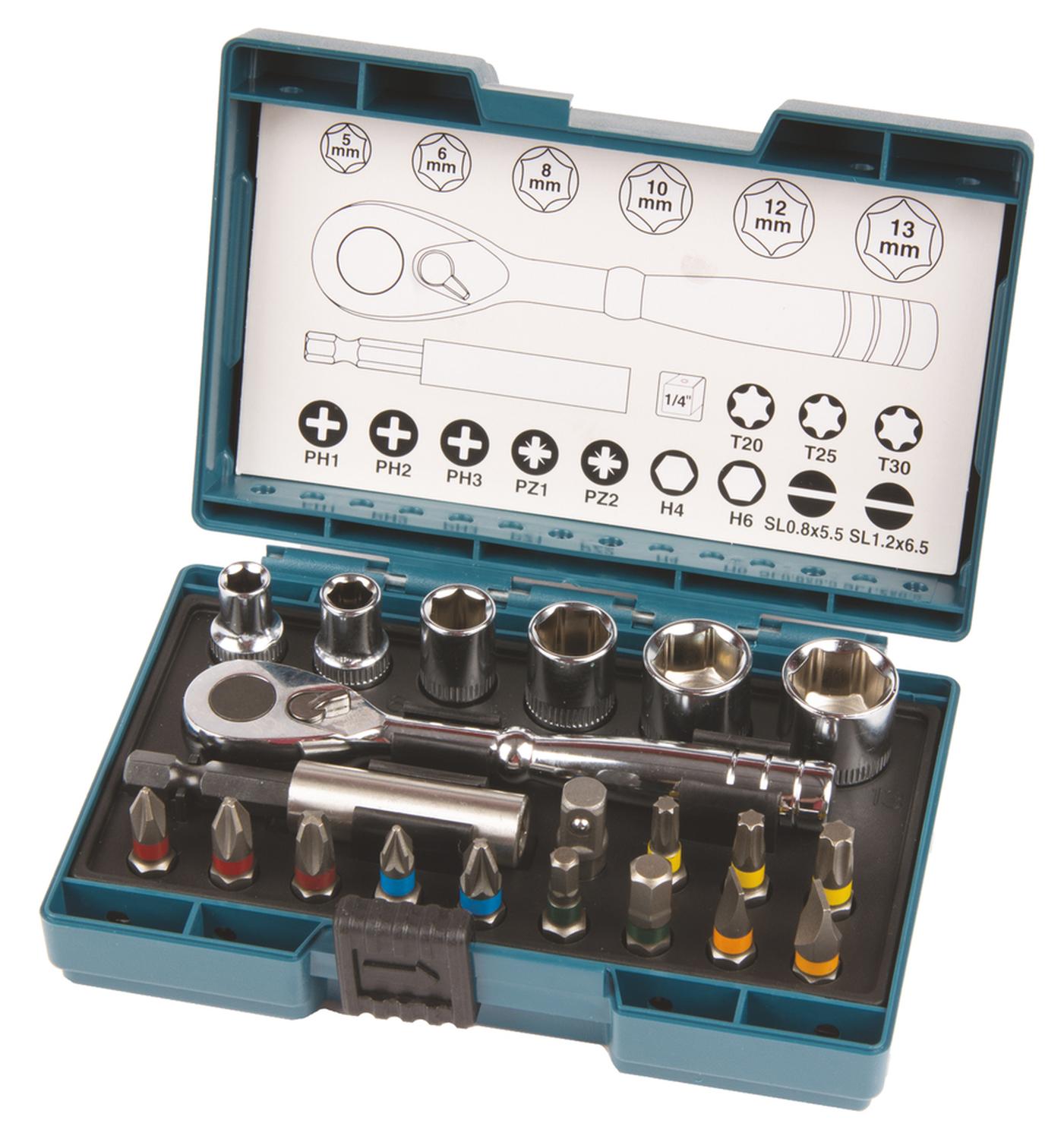 Set Puntas y Dados Cuadrante 1/4'' 21 PZAS - Makita - Herram.cl