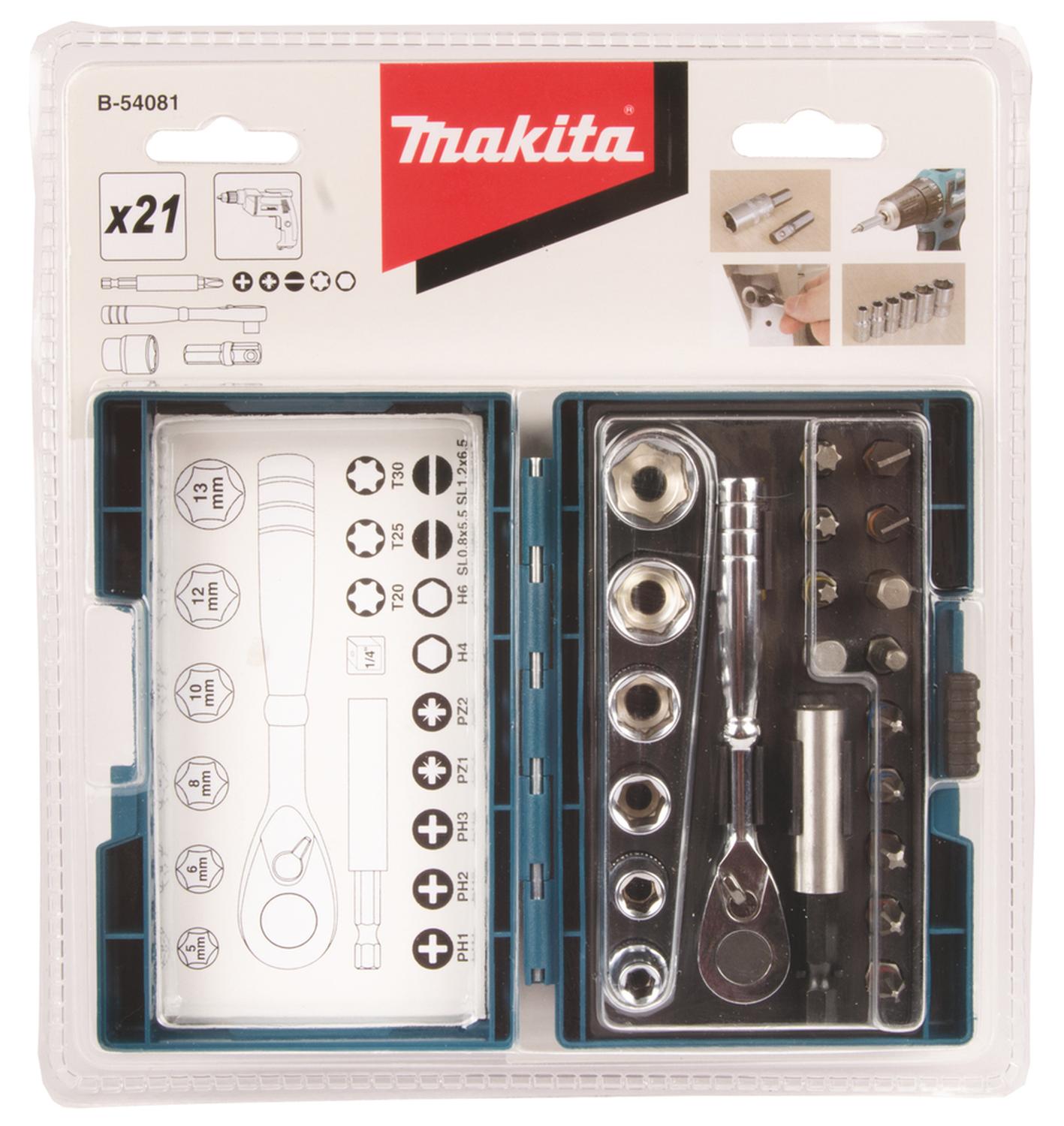 Set Puntas y Dados Cuadrante 1/4'' 21 PZAS - Makita - Herram.cl