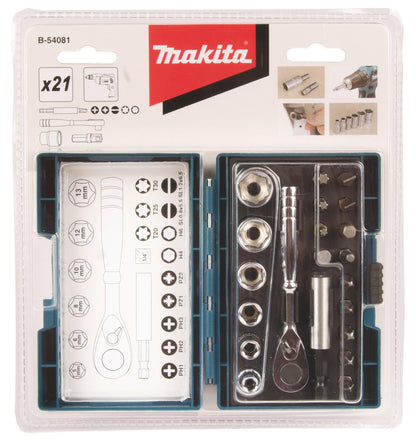 Set Puntas y Dados Cuadrante 1/4'' 21 PZAS - Makita - Herram.cl