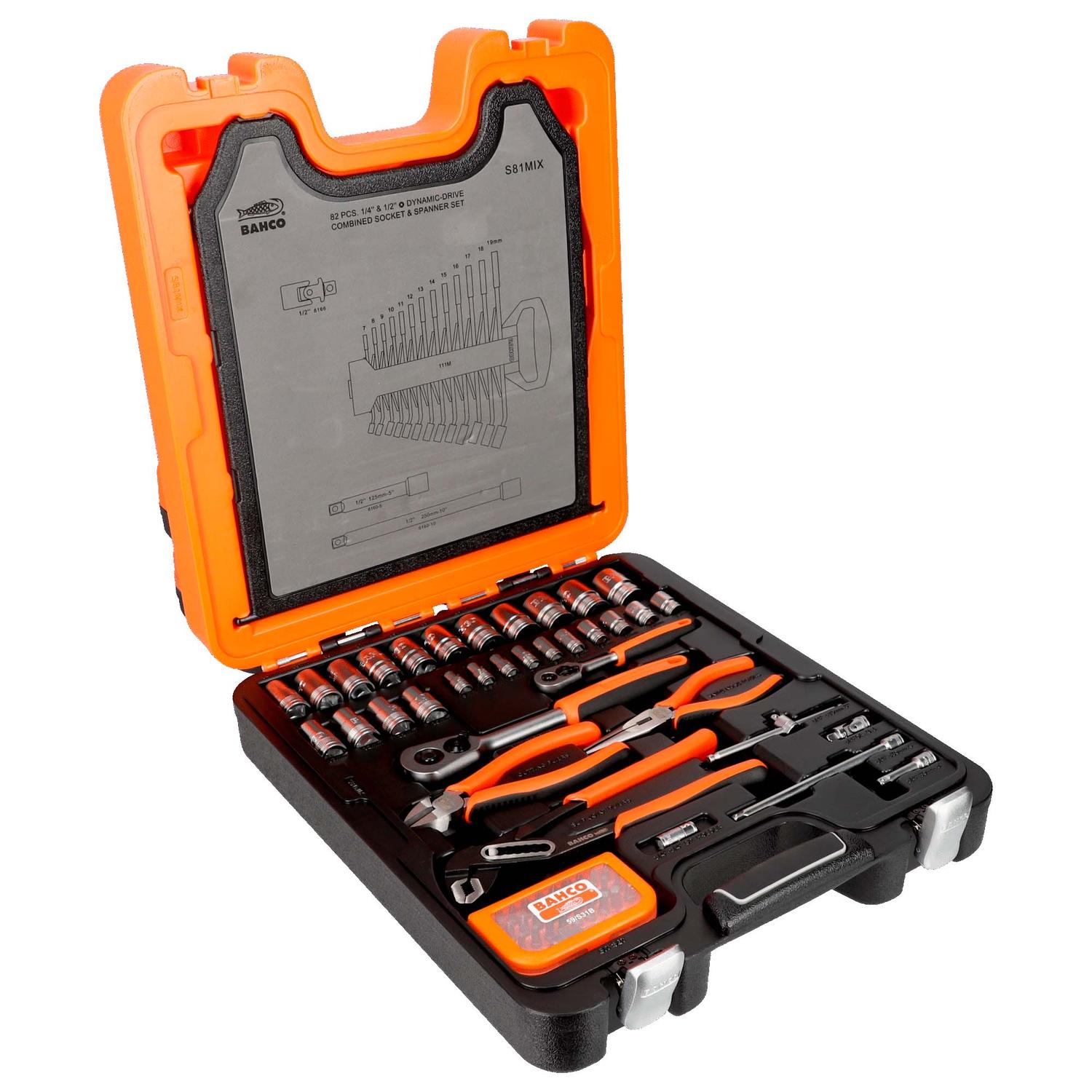 Juego Dados 1/4'' y 1/2'' +Llaves+Alicates 81 Pzas - Bahco - Herram.cl