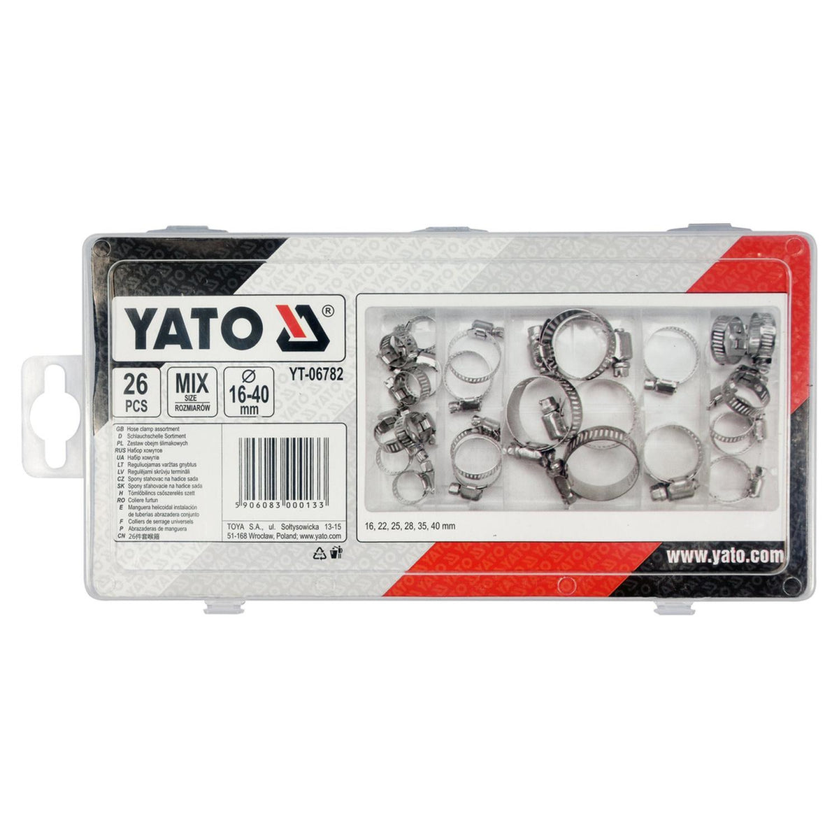 Set 26 Abrazaderas Sinfín Yato YT-06782 Manguera 16-40mm - Herram.cl