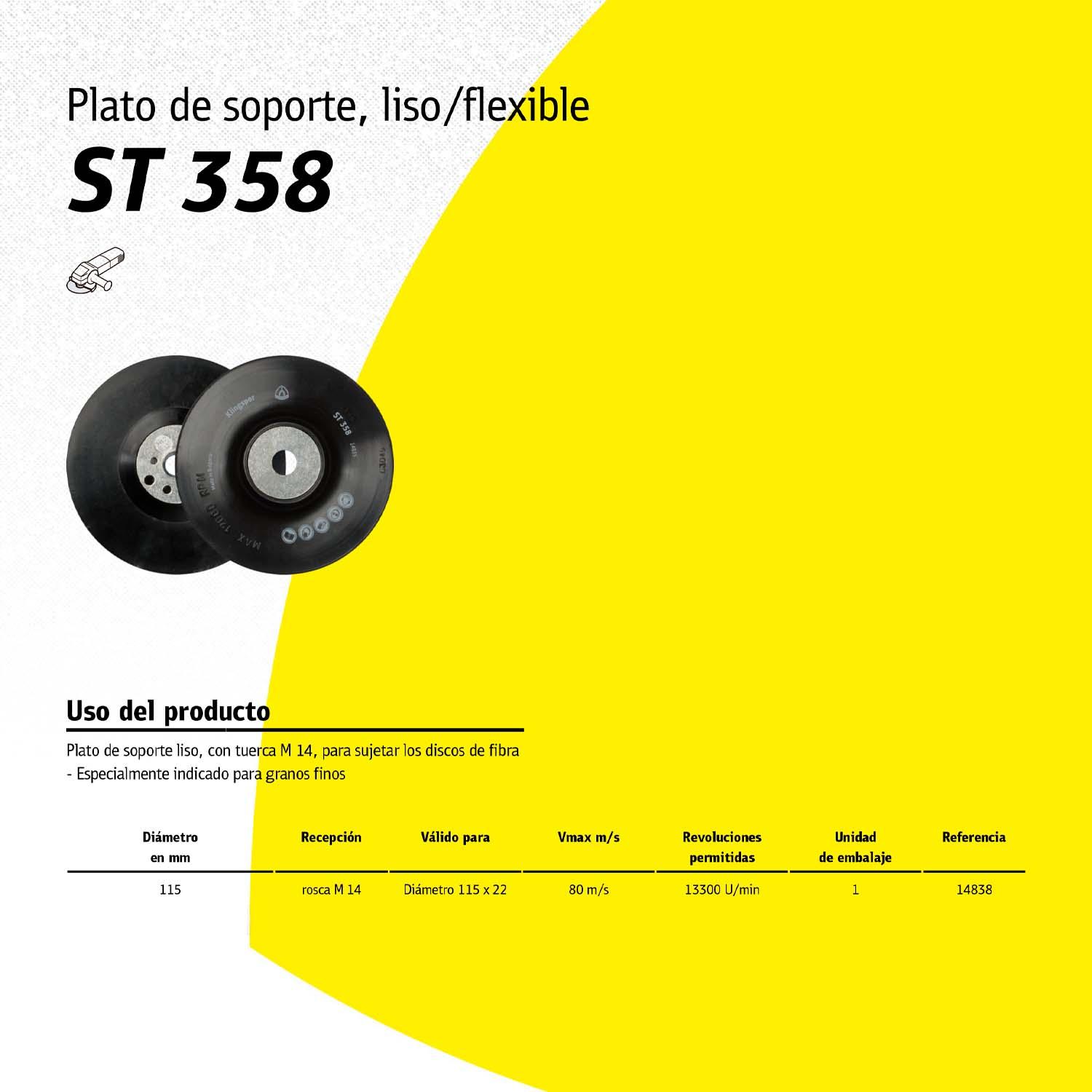 Plato Soporte Liso/Flexible ST358 4 1/2'' / M14 - Klingspor - Herram.cl