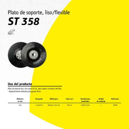 Plato Soporte Liso/Flexible ST358 4 1/2'' / M14 - Klingspor - Herram.cl