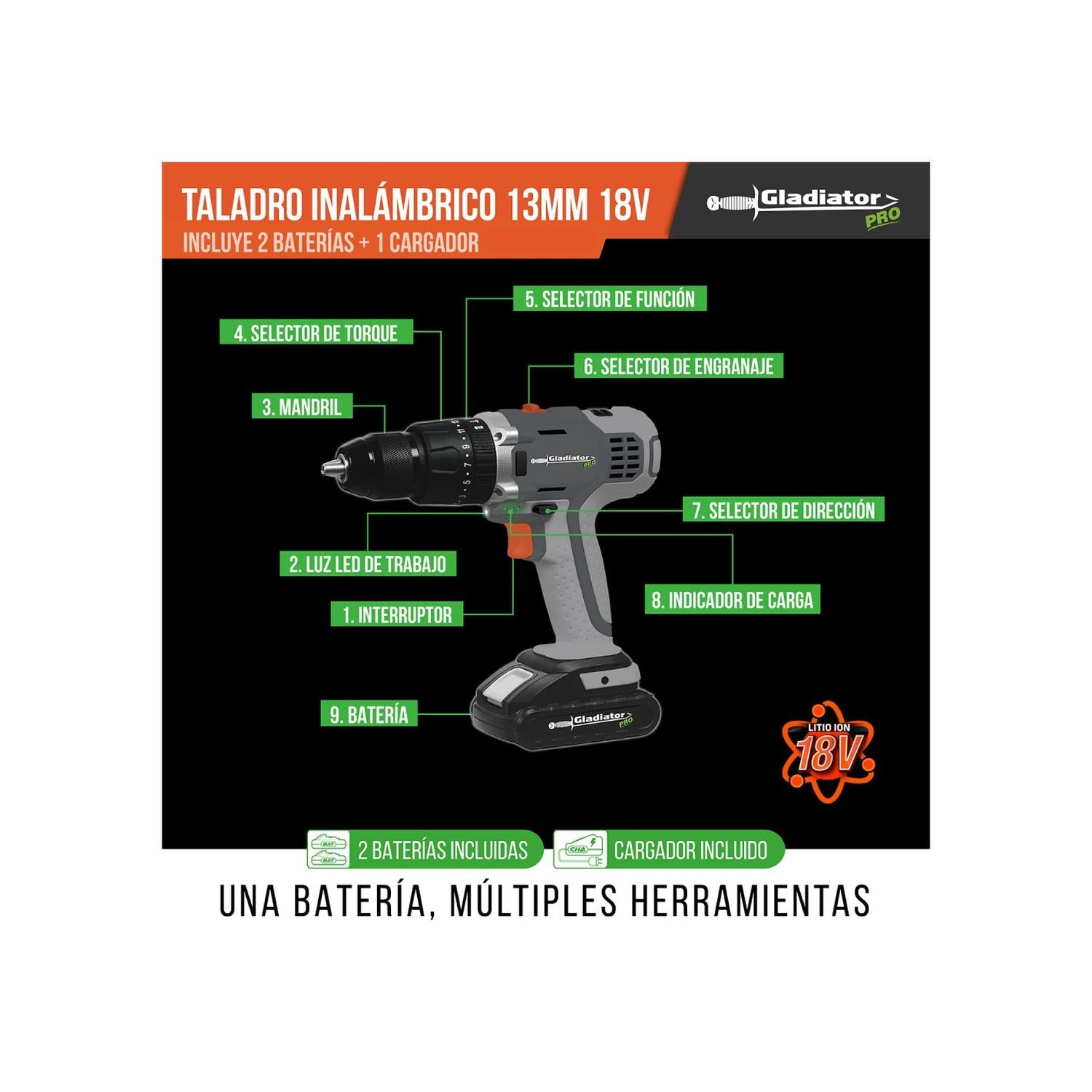 Taladro Percutor Inalámbrico 13mm 18V 2 Bat. - Gladiator - Herram.cl