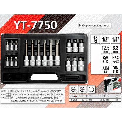 Juego Dados Imbus,Phillips, Planas 1/2'' 1/4'' 18 Pzas - Yato - Herram.cl