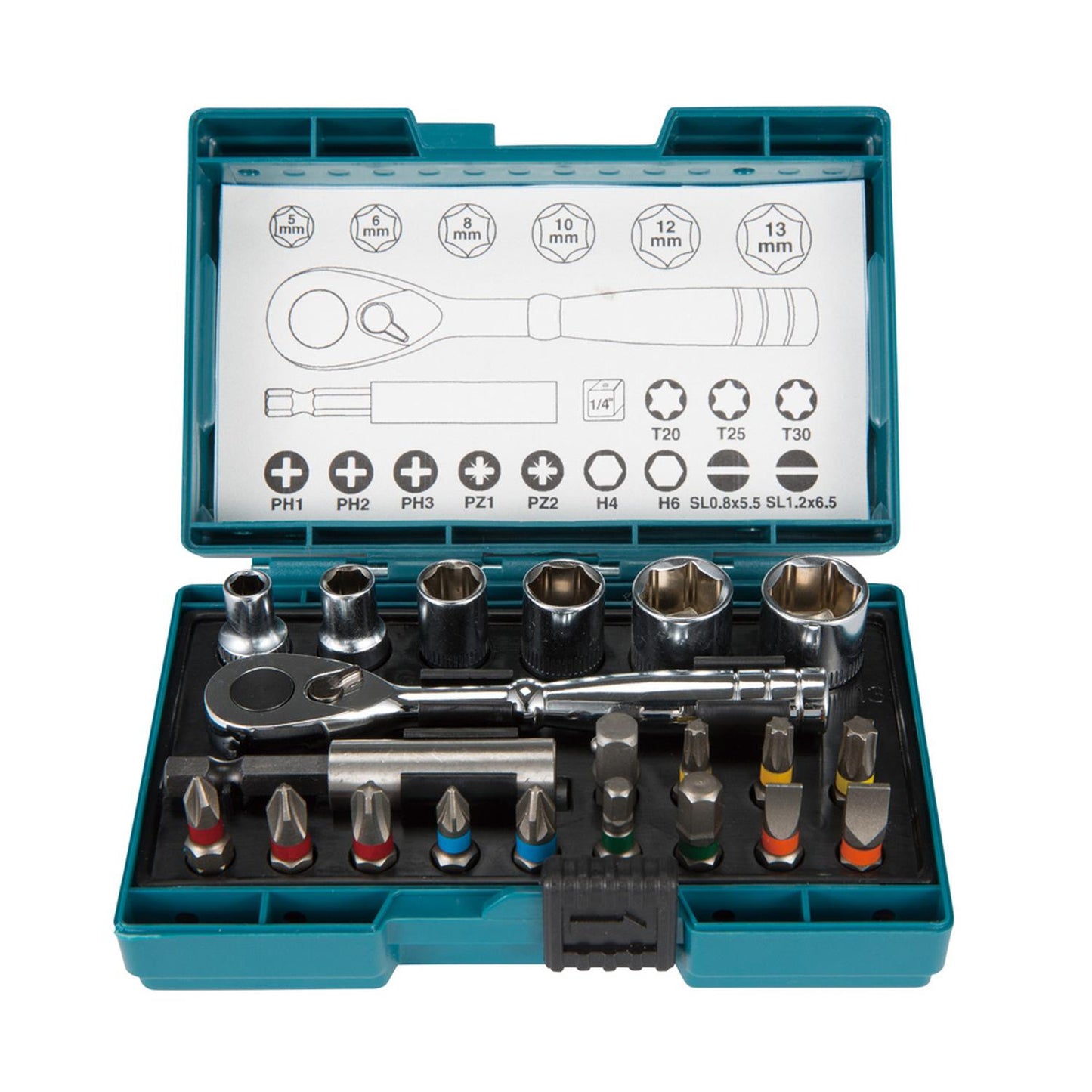 Set Puntas y Dados Cuadrante 1/4'' 21 PZAS - Makita - Herram.cl