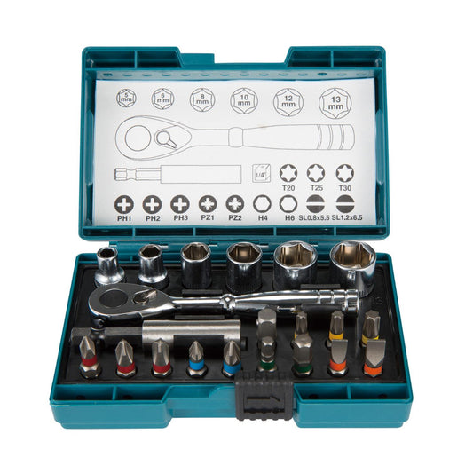 Set Puntas y Dados Cuadrante 1/4'' 21 PZAS - Makita - Herram.cl