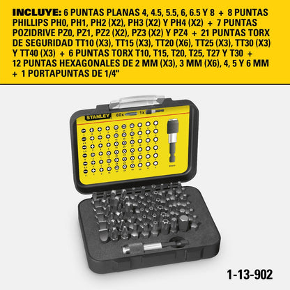 Set Puntas Atornillar Stanley FATMAX 1/4'' 61 Pzas 1-13-902 - Herram.cl