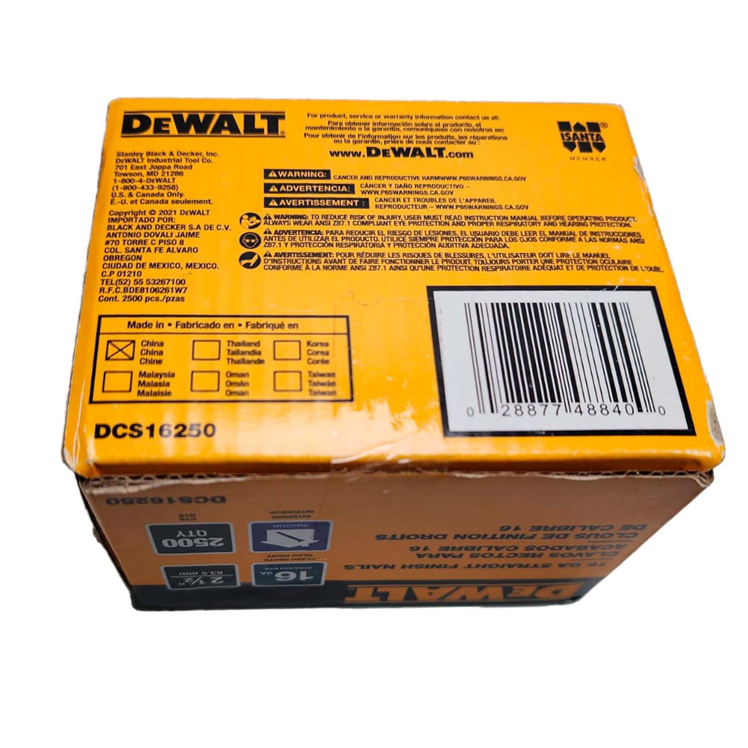 Clavo de Acabado 16GA 2 - 1/2'' 2500 Und (SCN616 - B2) - DeWALT - Herram.cl