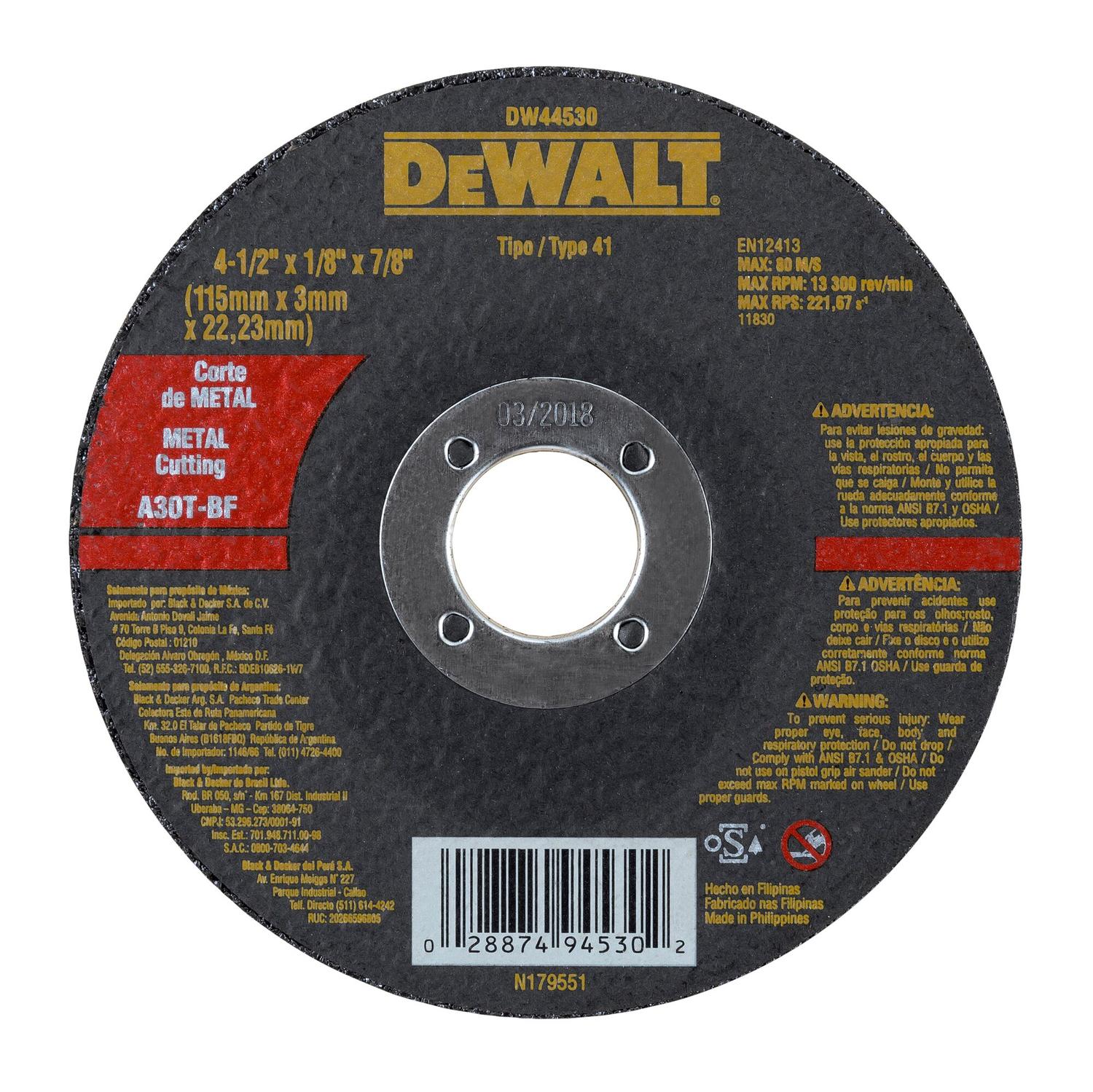 Disco De Corte Metal 4 - 1/2''x3x22,23mm - DeWalt - Herram.cl