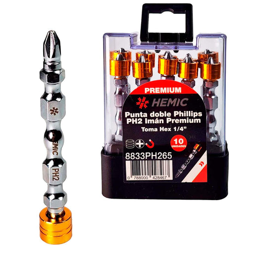 Pack 10 Punta Phillips Doble PH2x65mm Imán Premium - HEMIC - Herram.cl