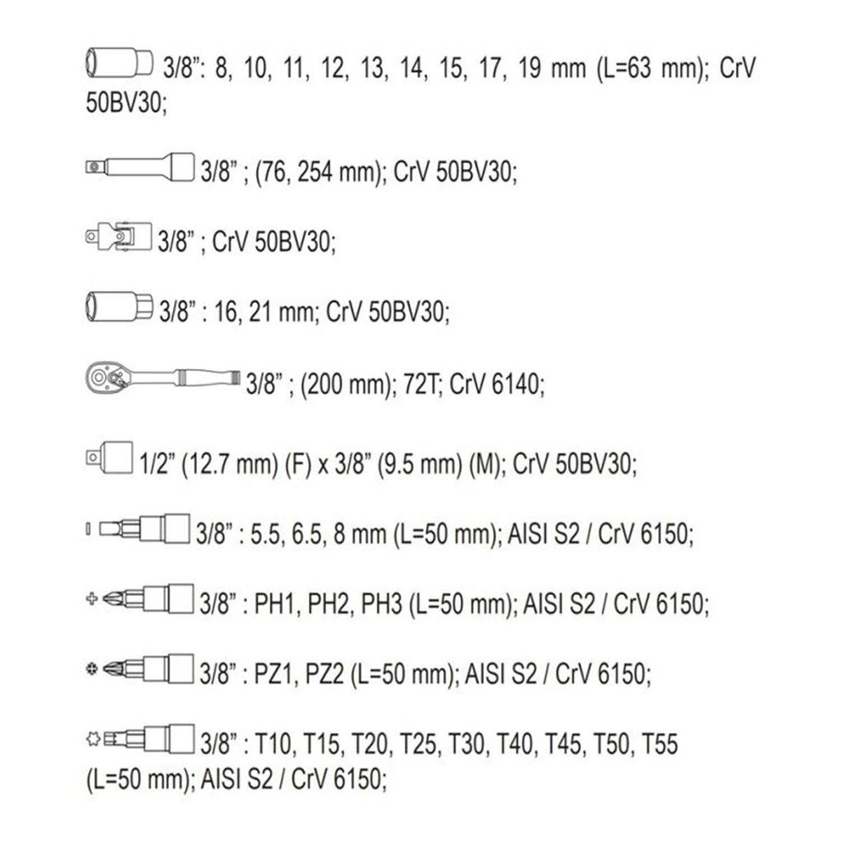 Juego de Dados y puntas 3/8'' 58 Pzas - Yato - Herram.cl