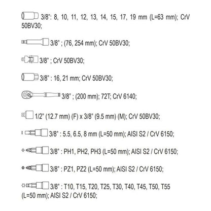 Juego de Dados y puntas 3/8'' 58 Pzas - Yato - Herram.cl