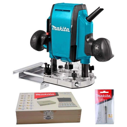 Kit Rebajadora + Fresar Recta + Set Fresas 12 Pzas - Makita - Herram.cl