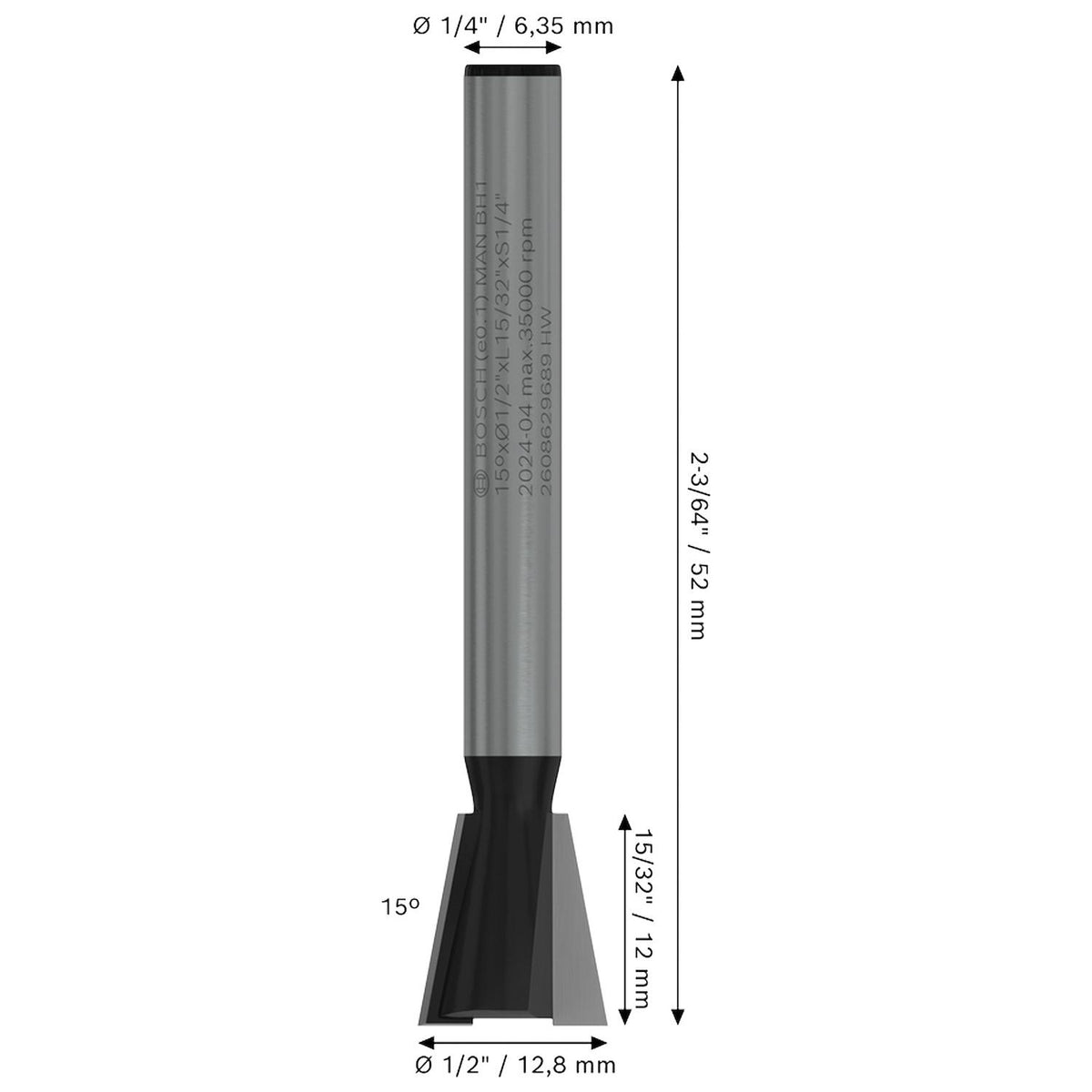 Fresa Cola De Milano PRO 15° Vástago 1/4'' Madera - Bosch - Herram.cl