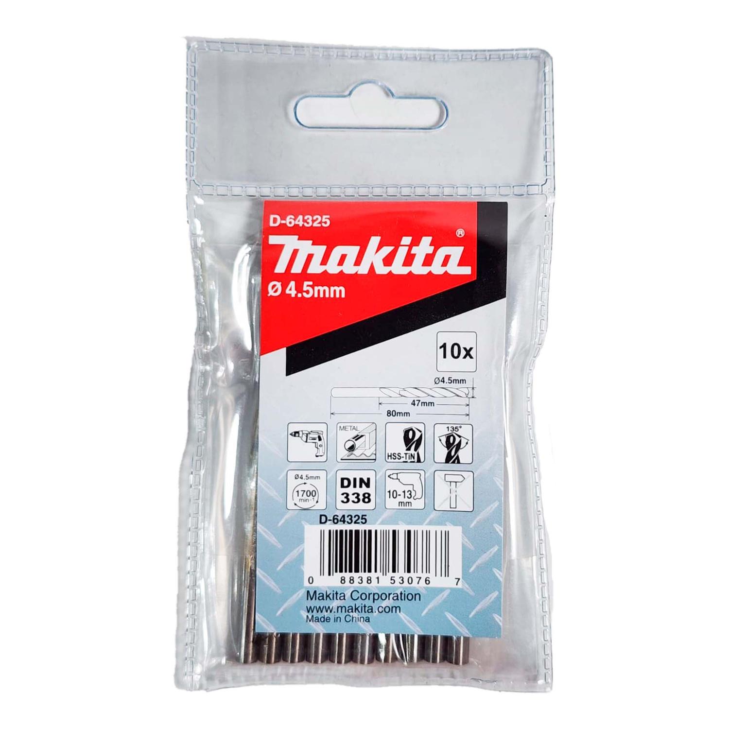Brocas Metal HSS - TiN 4.5x80mm 10 Pzas - Makita - Herram.cl