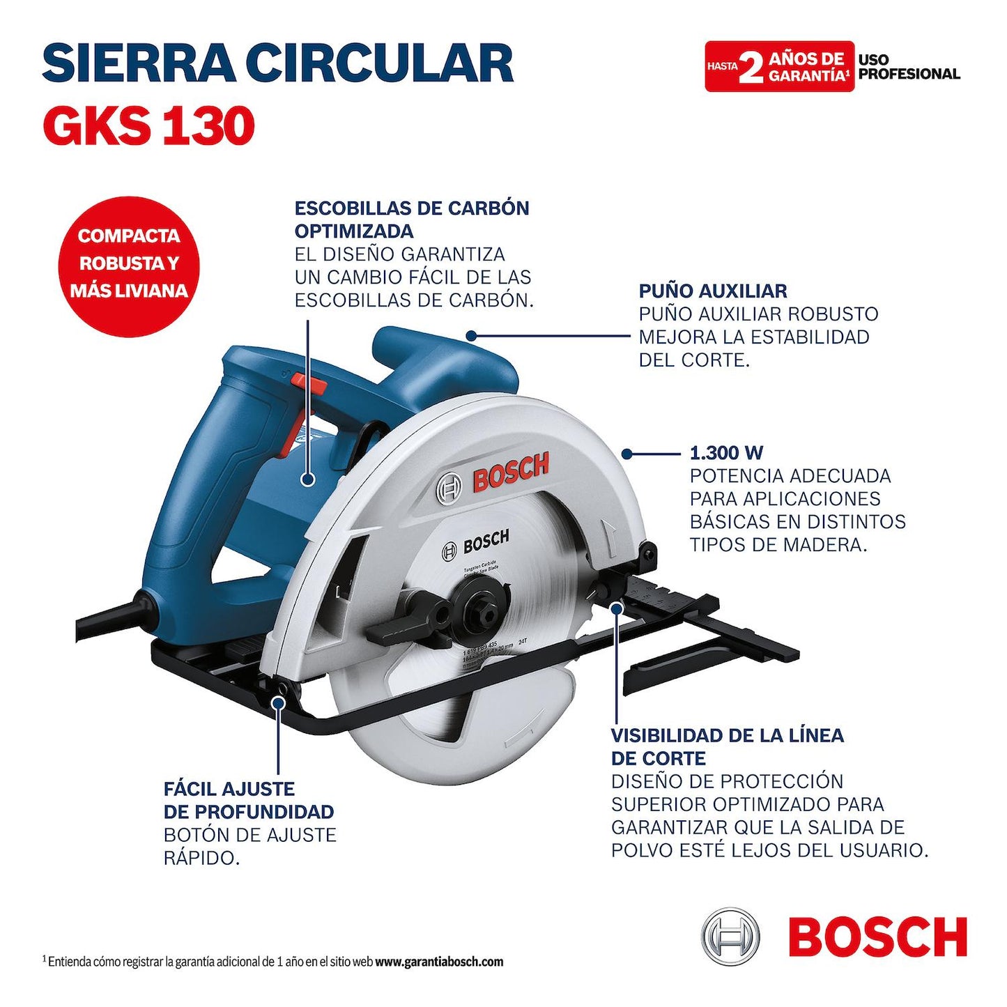 Sierra Circular Bosch 7 - 1/4'' GKS 130 / 1.300 W / 220V - Herram.cl