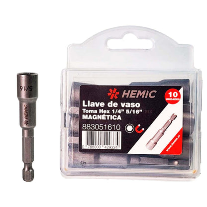 Pack 10 Llaves de Vaso magnético 5/16''x65mm - HEMIC - Herram.cl
