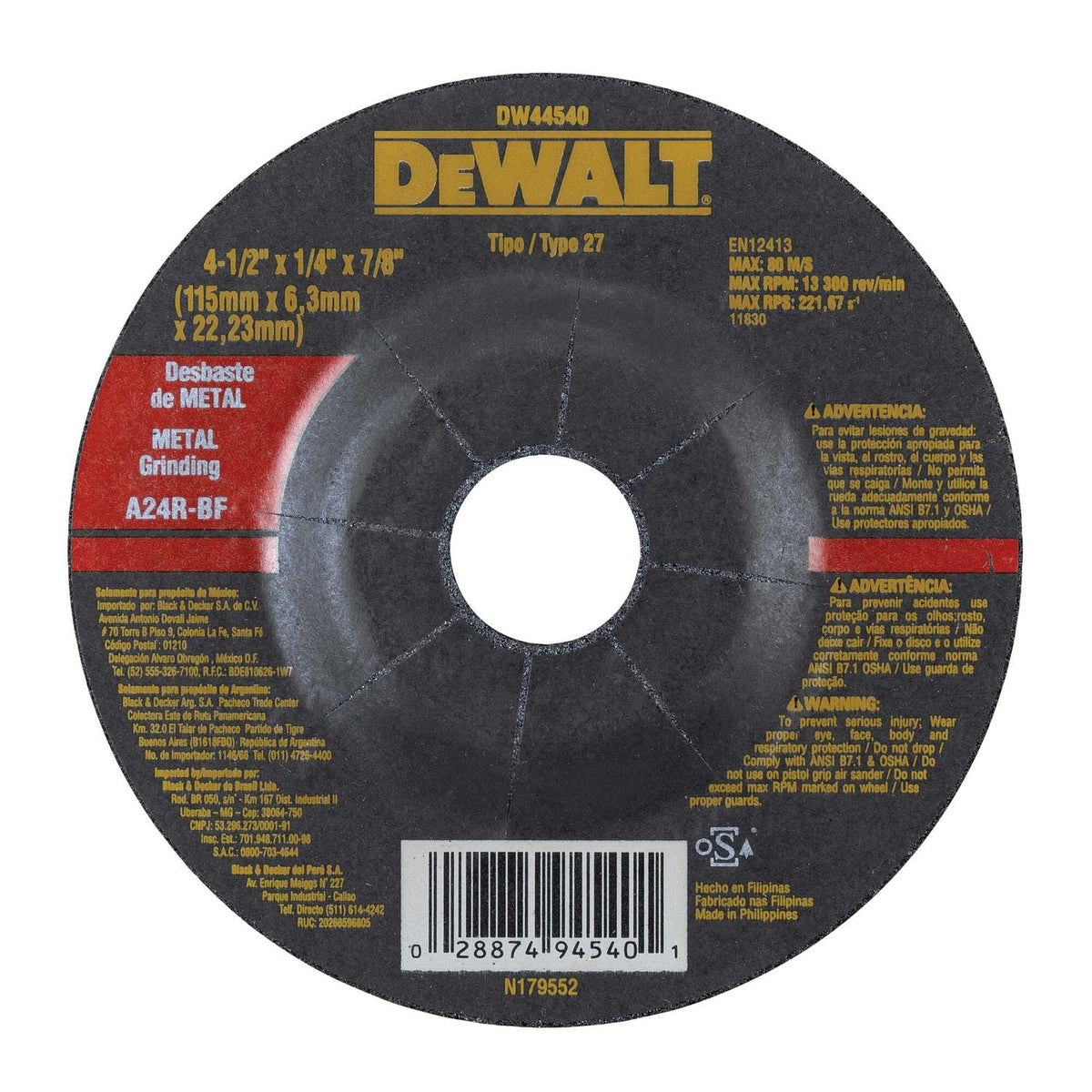 Pack 25 Discos de Desbaste Metal 4 - 1/2''x6,3x22,23mm - DeWALT - Herram.cl