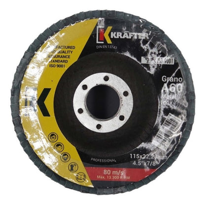 Pack 10 Discos Lija Flap Traslapado Krafter 115mm (4 - 1/2'' ) G60 - Herram.cl
