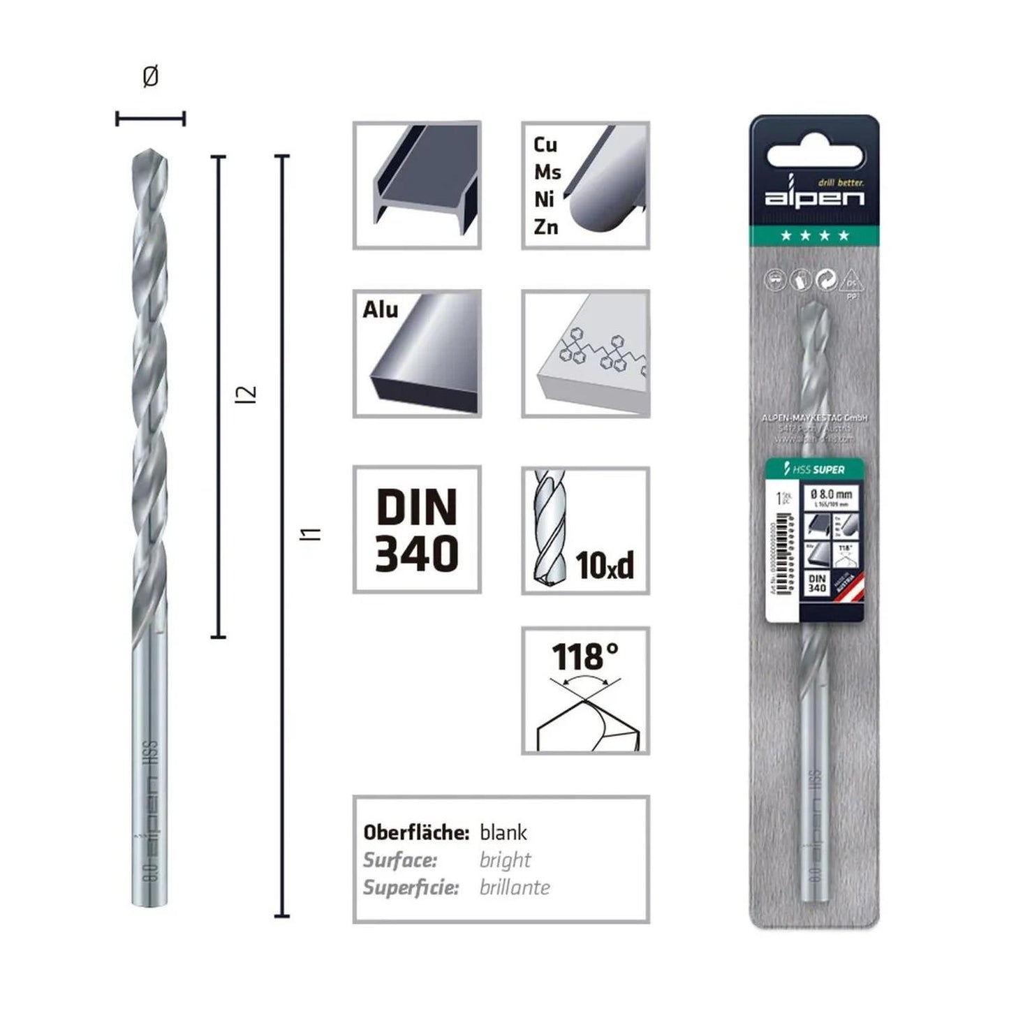 Broca Metal Larga HSS Super 10x184mm - Alpen - Herram.cl
