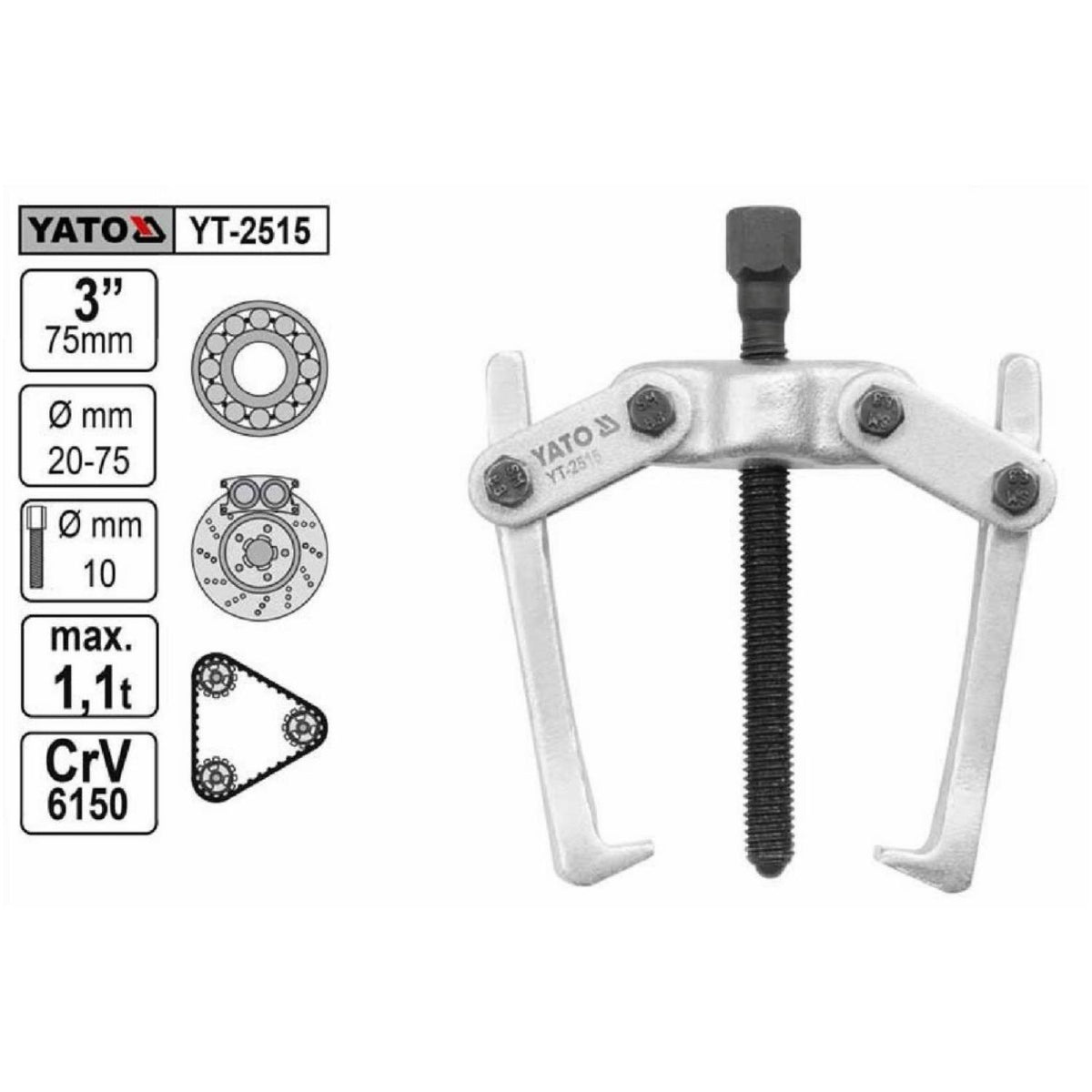 Extractor de Engranajes y Rodamientos 2 Brazos 75mm - Yato - Herram.cl