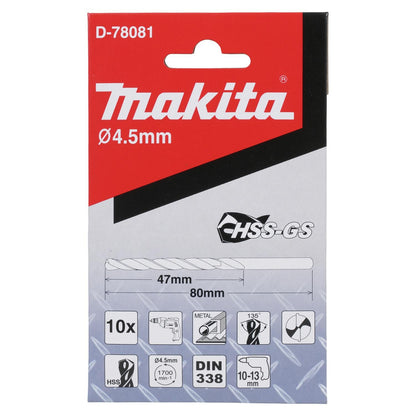 Pack Broca Para Metal HSS-GS 4.5x80mm 10 Pzas - Makita - Herram.cl