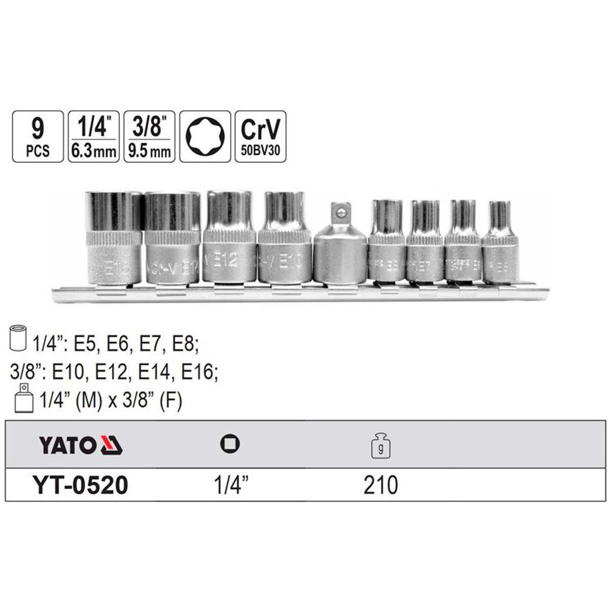 Juego de Dados Torx Hembra 1/4" y 3/8'' 9 Pzas - Yato - Herram.cl