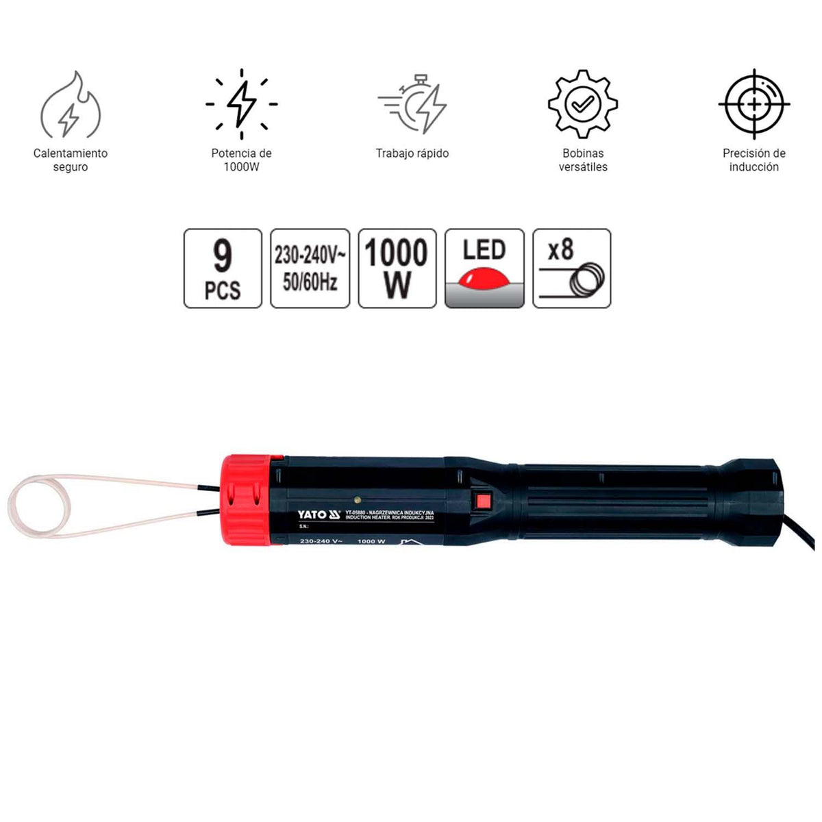 Kit Calentador por inducción portatil 1 Kw 9 Pzas - Yato - Herram.cl