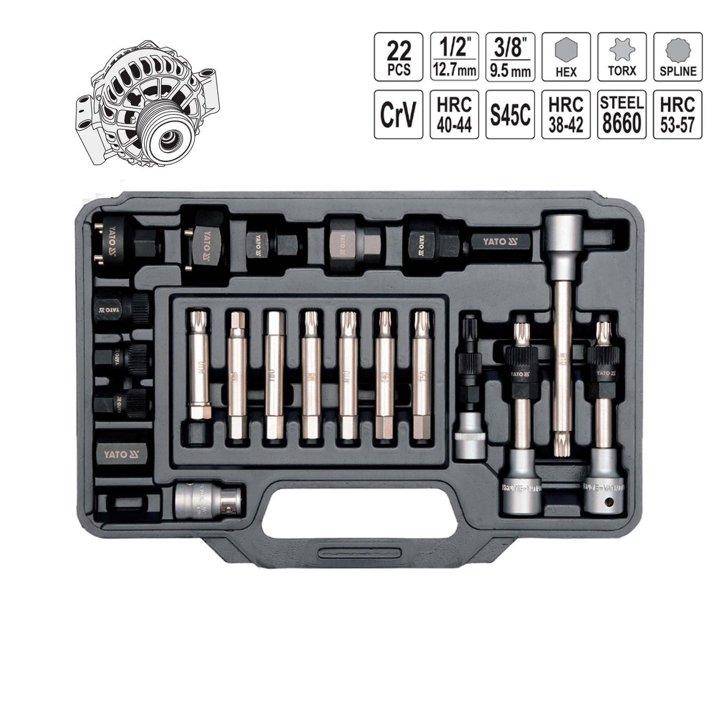 Juego De Llaves para Alternador 22 Pzas YT - 04211 - Yato - Herram.cl