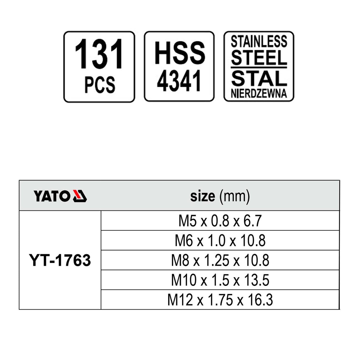 Kit De Reparación De Hilos M5 - M12 131 Pzas YT - 1763 - Yato - Herram.cl