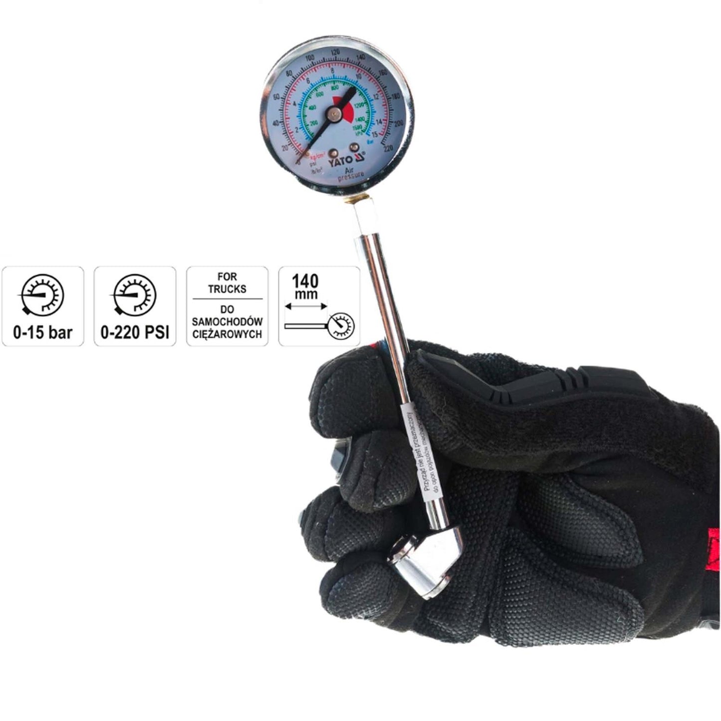 Manómetro de presión de neumáticos 0 - 220 PSI - Yato - Herram.cl