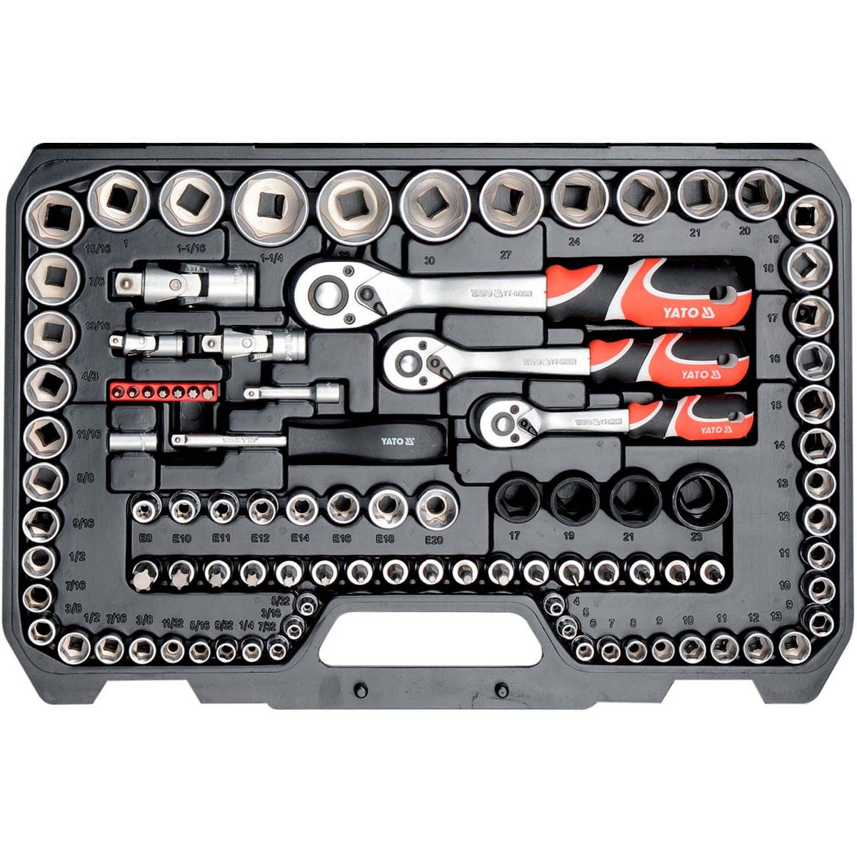 Juego de dados 1/4'';3/8'';1/2'' y herramientas 120 Pzs Yato - Herram.cl