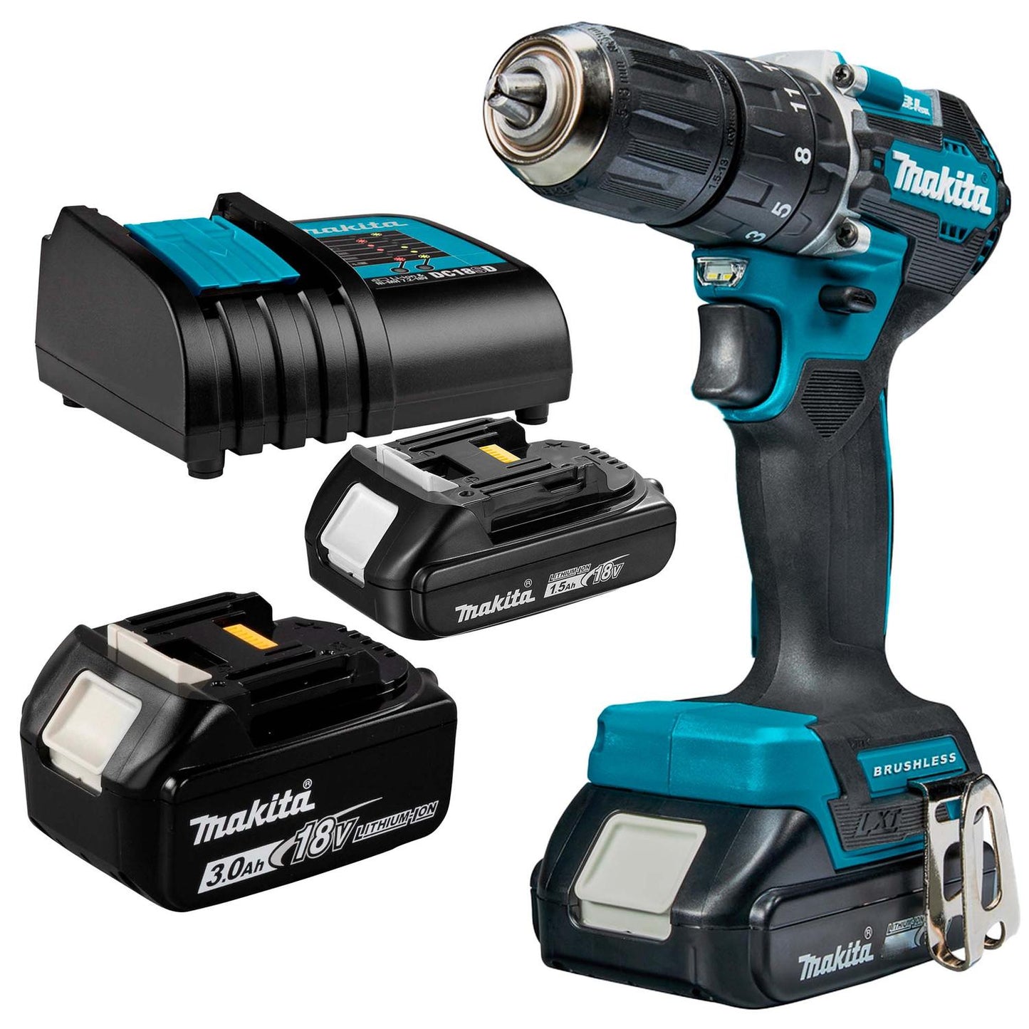 Kit Taladro percutor Makita 13mm 18V 2 Bat 1.5 Ah+1 Bat 3Ah - Herram.cl