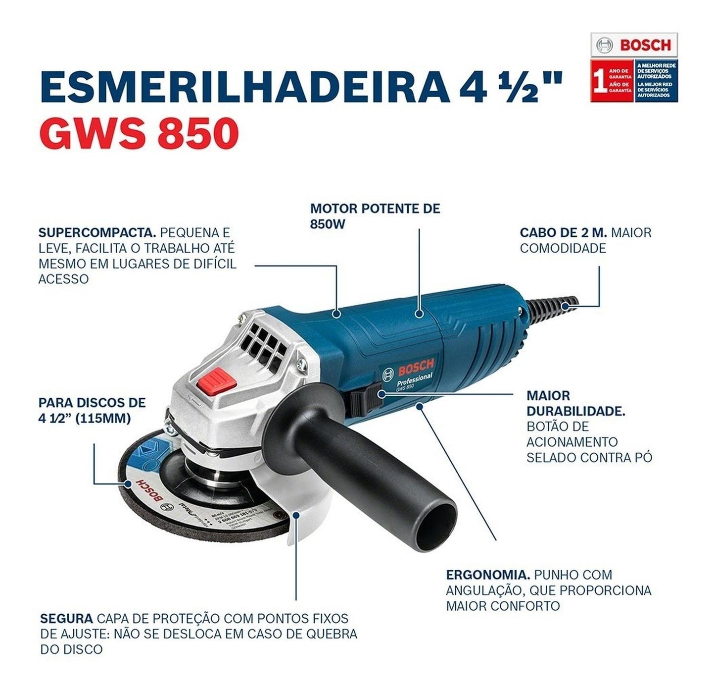 Esmeril Bosch Profesional 4 1/2 GWs 850 + 3 Discos 850W - Herram.cl