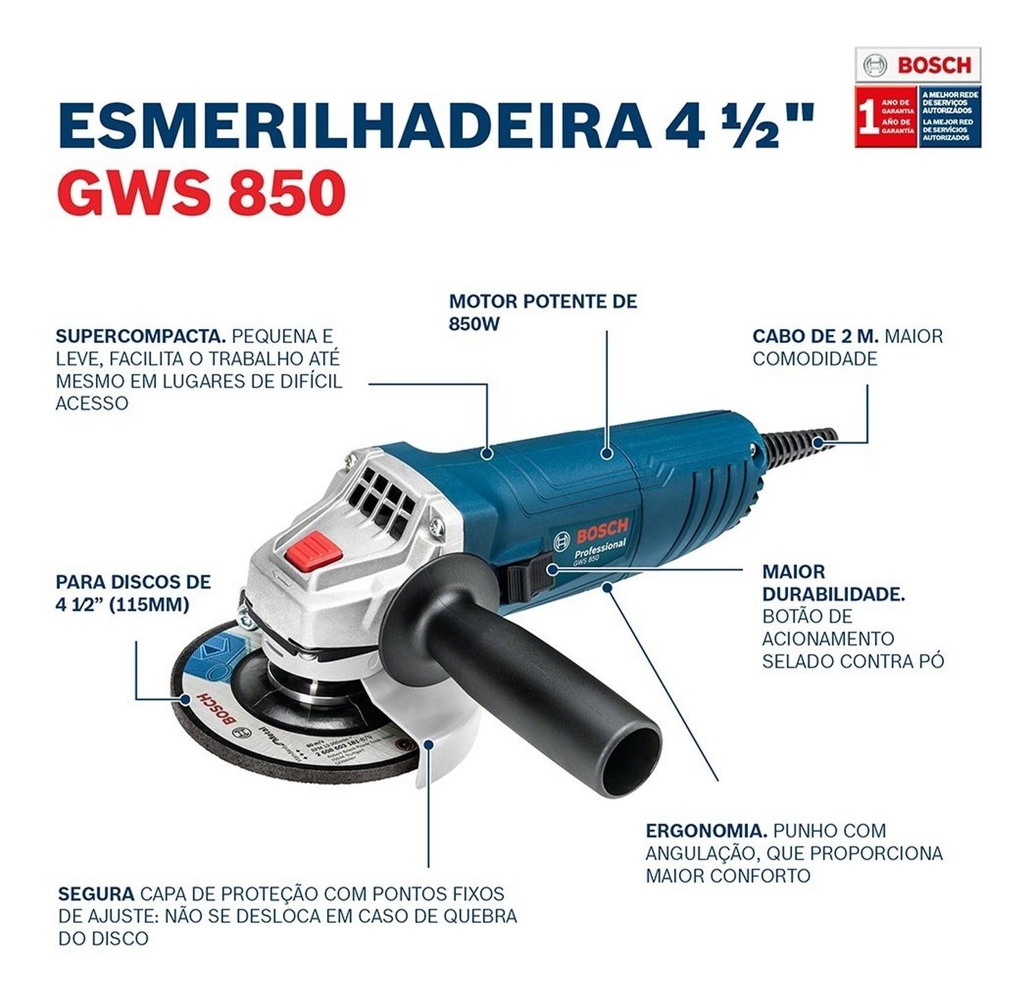 Esmeril Bosch Profesional 4 1/2 GWs 850 + 3 Discos 850W - Herram.cl