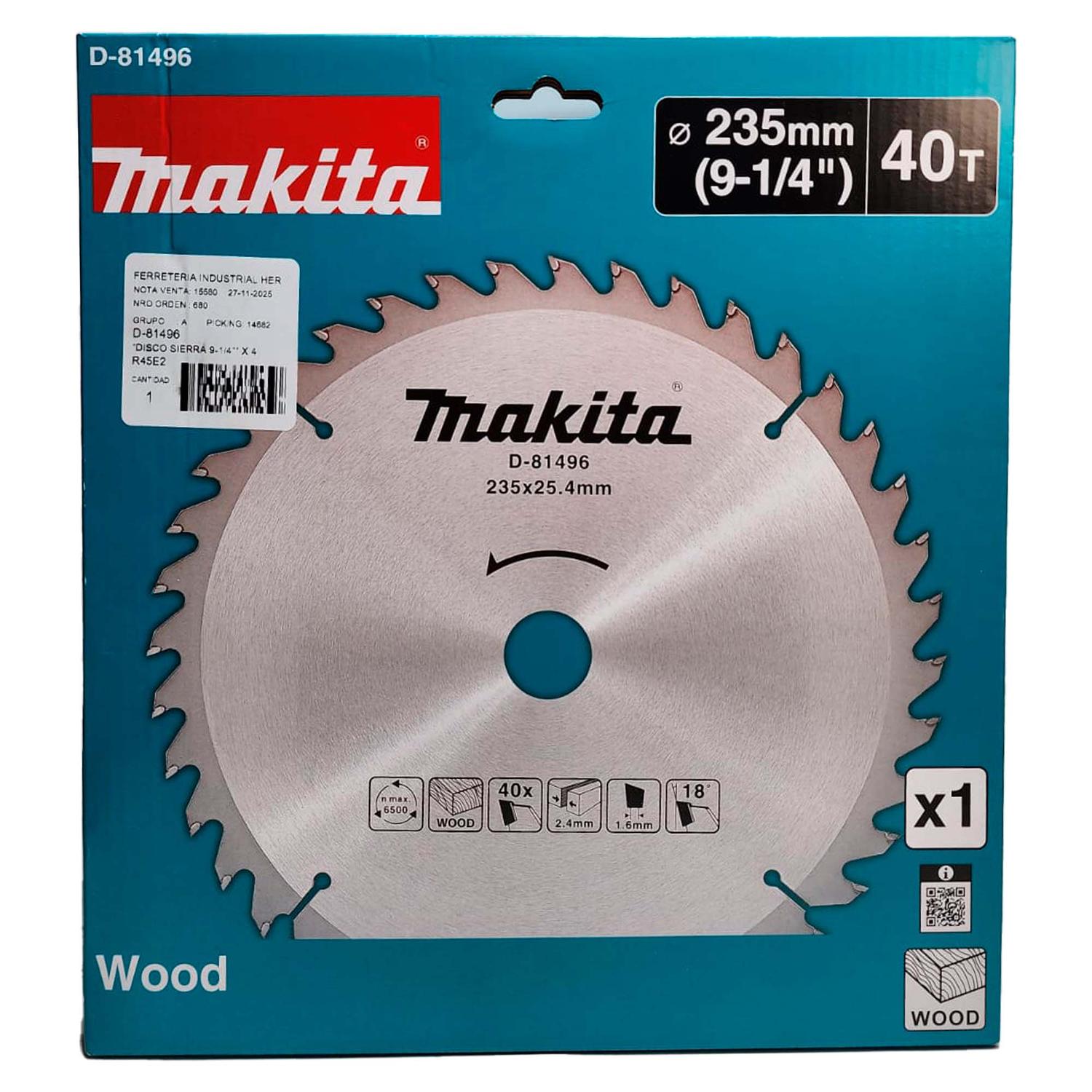 Disco de Sierra Circular 9 - 1/4''x1'' 40 D Madera - Makita - Herram.cl