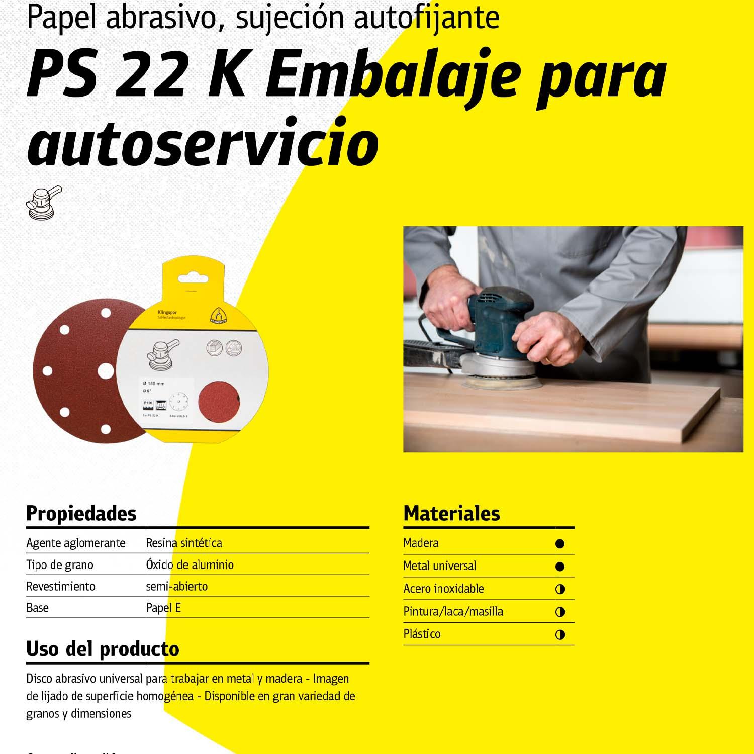 Pack 5 Discos de Lija Con Velcro PS 22 K 150mm - Klingspor - Herram.cl