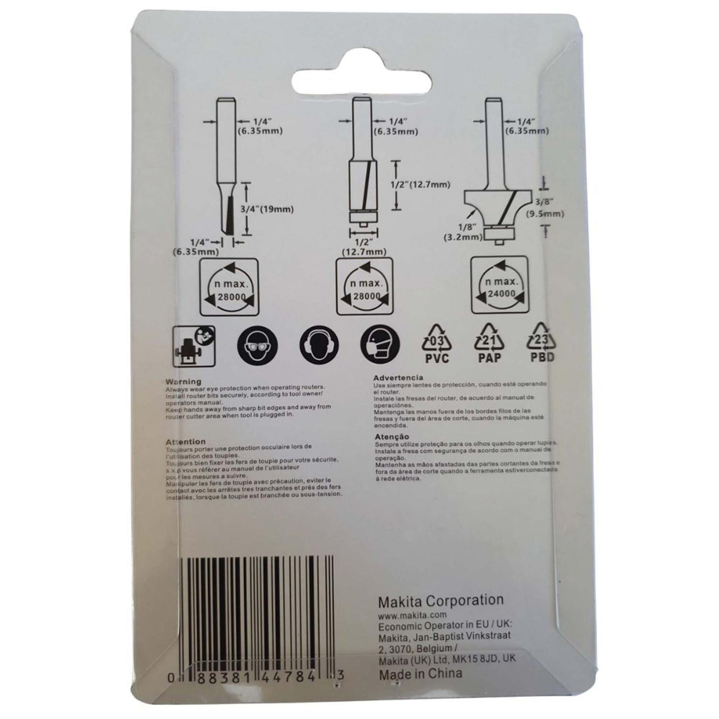 Set Fresas Para Madera Toma 1/4'' / 3 Pzas - Makita - Herram.cl