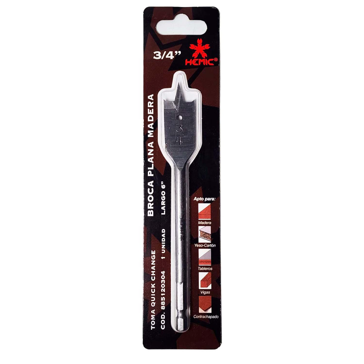 Broca Plana Paleta HEMIC Madera 3/4'' 19mm Hexagonal 1/4'' - Herram.cl