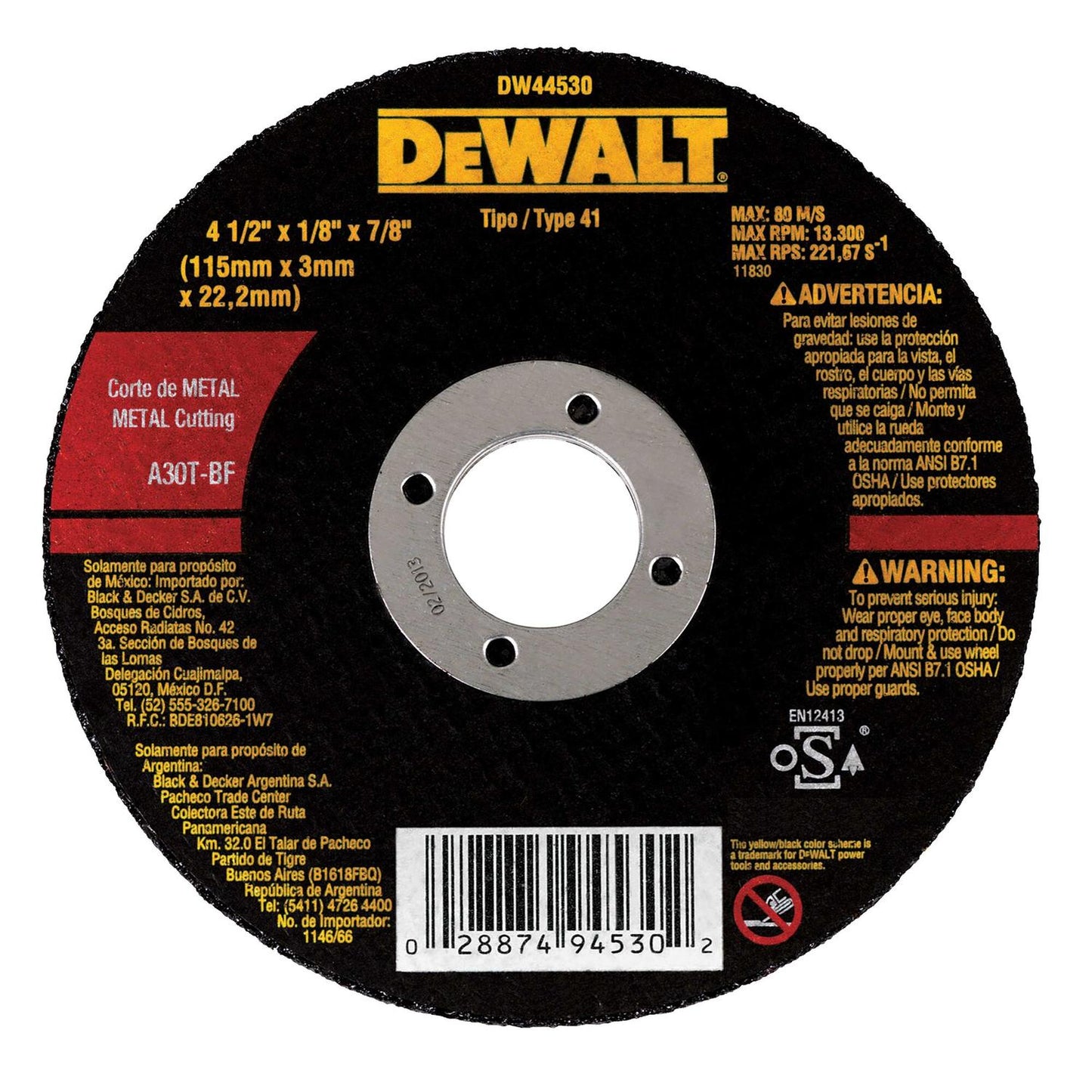 Disco De Corte Metal 4 - 1/2''x3x22,23mm - DeWalt - Herram.cl