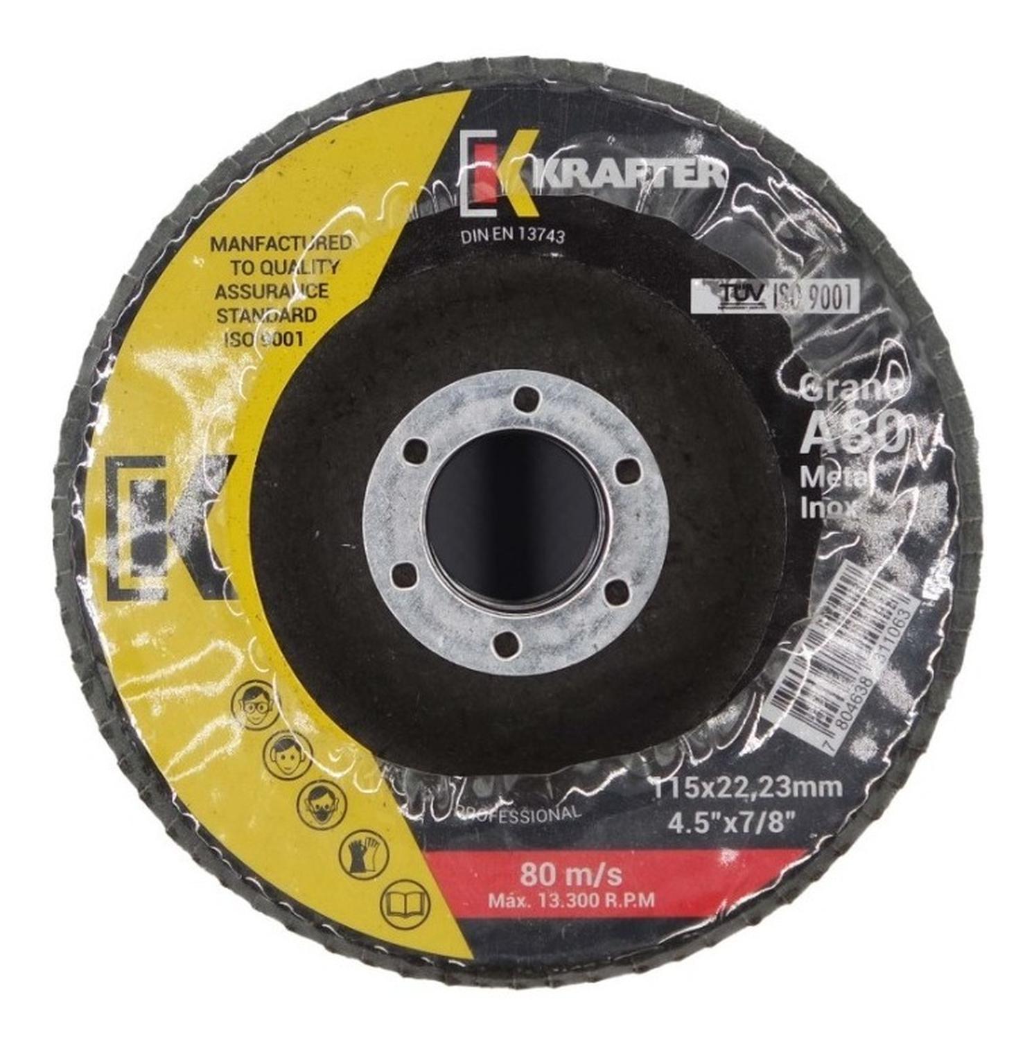 Pack 10 Discos Lija Flap Traslapado 115mm (4 - 1/2'' ) G80 - Krafter - Herram.cl
