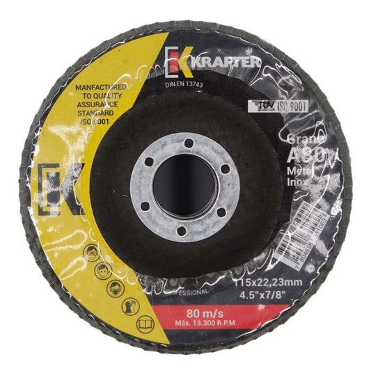 Pack 10 Discos Lija Flap Traslapado 115mm (4 - 1/2'' ) G80 - Krafter - Herram.cl