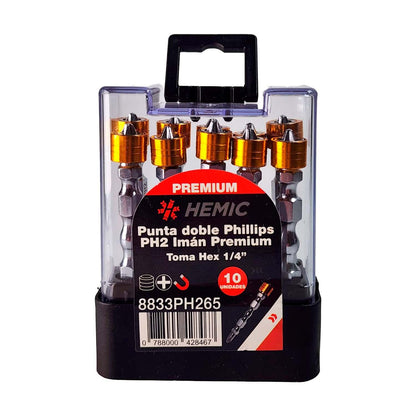 Pack 10 Punta Phillips Doble PH2x65mm Imán Premium - HEMIC - Herram.cl