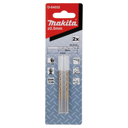 Broca Metal HSS-Tin 2.5x57mm 2 Pzas - Makita - Herram.cl